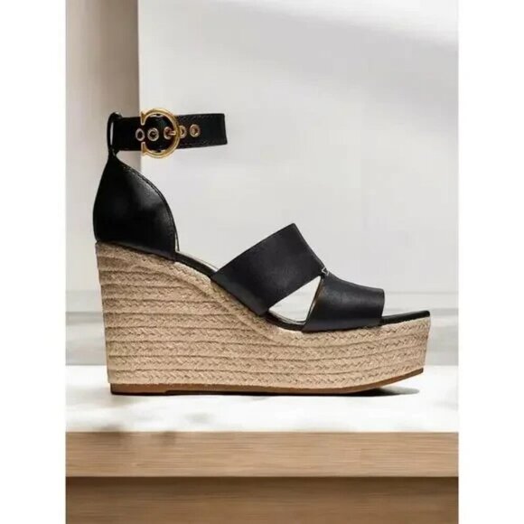 Coach Women's Black Ankle Closure Espadrille Isla Wedge Sandals Size 9 - Picture 3 of 5